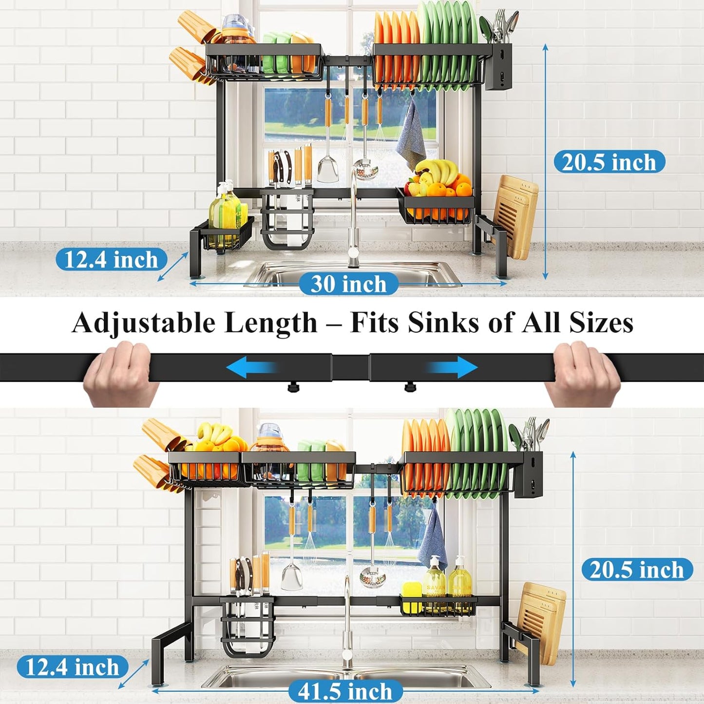 4 Baskets Over The Sink Dish Drying Rack - Large Kitchen Dish Rack with Adjustable Design, Space Saving Drying Rack, 12.4" D x 30"-41.5" W x 20.5" H