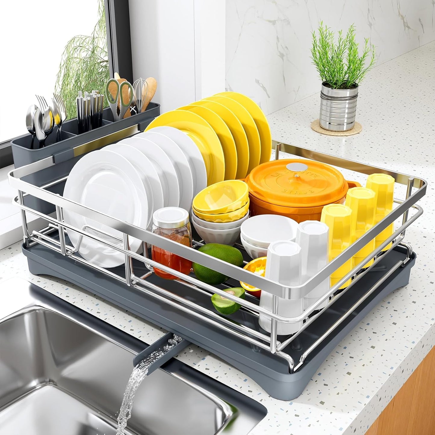 Dish Drying Rack for Kitchen Counter - Large Dish Rack with Drainboard, Rustproof Dish Drainer with Utensil Holder for Sink, Black