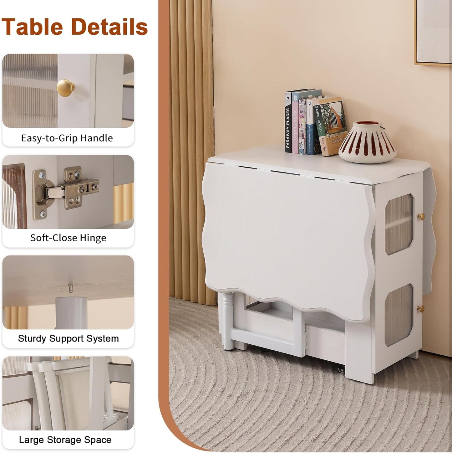 Drop Leaf Tables for Small Spaces,54.3'' x 30.7'' Space Saving Folding Dining Table 4 Wheels with 1 Drawer and 1 Shelf, White Extendable Dining Room Table, Expandable Table for Kitchen