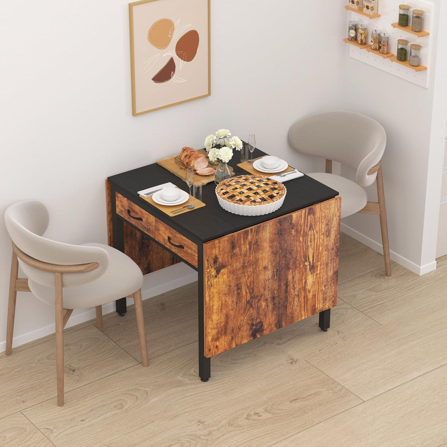 Folding Dining Table,Dining Room Table with Drawers,Industrial Extendable Table for 6-8 People,for Dining Room,Living Room,Restaurant,Saving Space