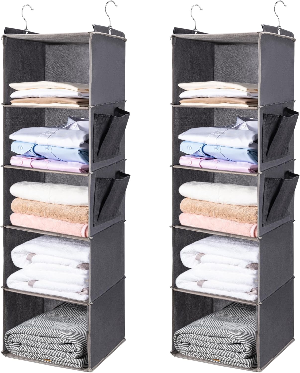 BOOMIBOO Hanging Closet Organize and Shelves,5-Hanging Shelf with 2 Side Pockets,Storage Foldable (Grey)