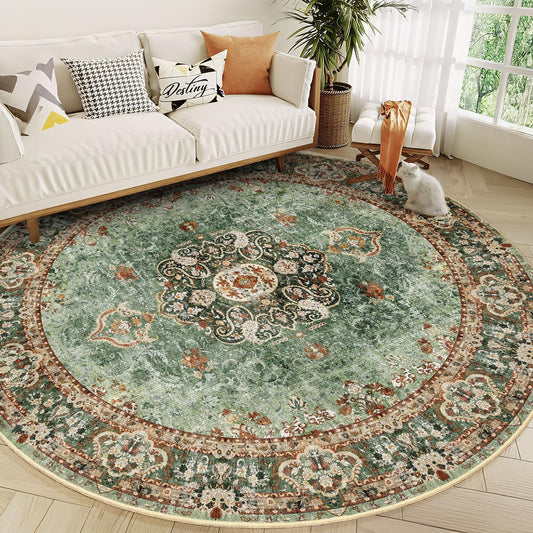 Round Rug 9ft,Large Green Circle Area Rugs for Bedroom Living Room,Washable Boho Vintage Bohemian Distressed Oriental Floral Carpet Non Slip