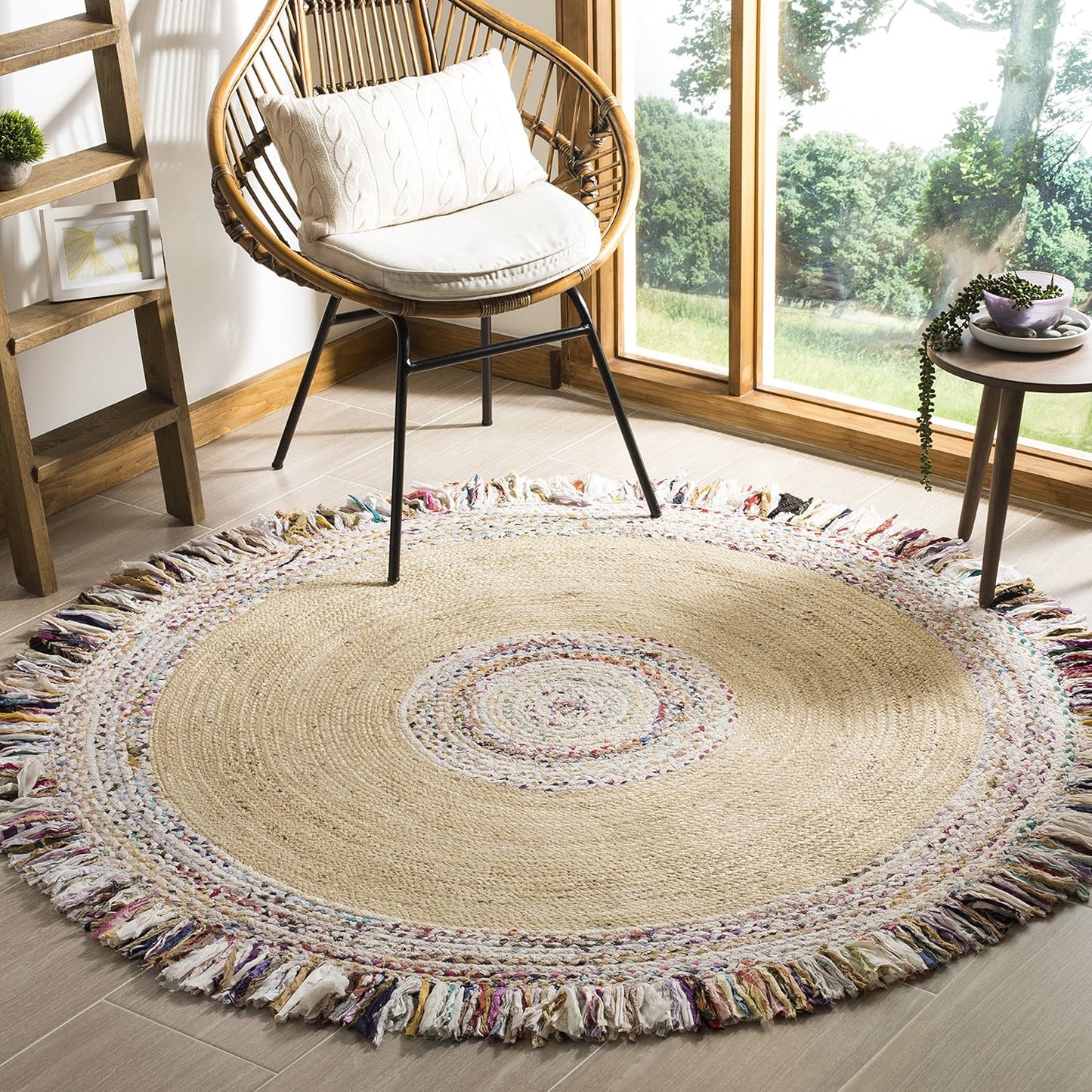 SAFAVIEH Cape Cod Collection Area Rug - 8' Round, Ivory & Denim, Handmade Boho Fringe Jute & Cotton, Ideal for High Traffic Areas in Living Room, Bedroom (CAP205D)