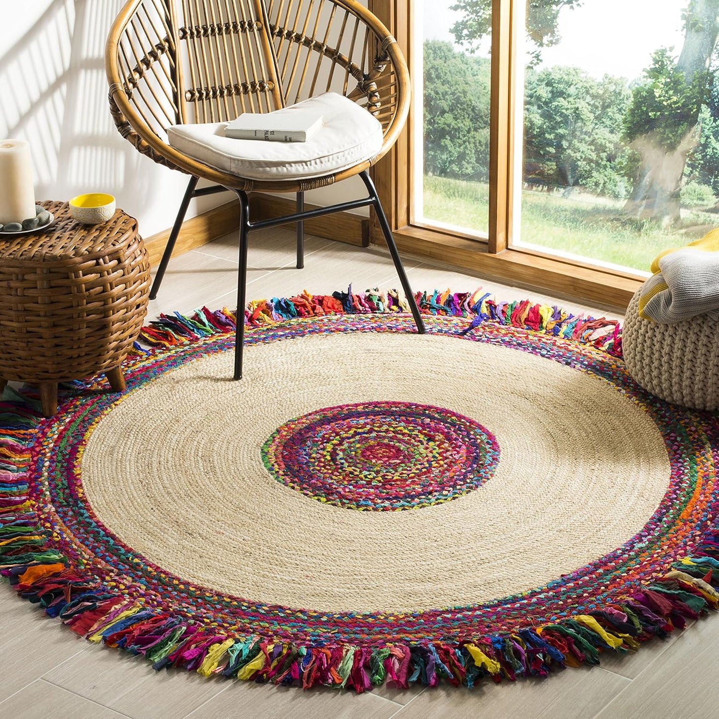SAFAVIEH Cape Cod Collection Area Rug - 8' Round, Ivory & Denim, Handmade Boho Fringe Jute & Cotton, Ideal for High Traffic Areas in Living Room, Bedroom (CAP205D)