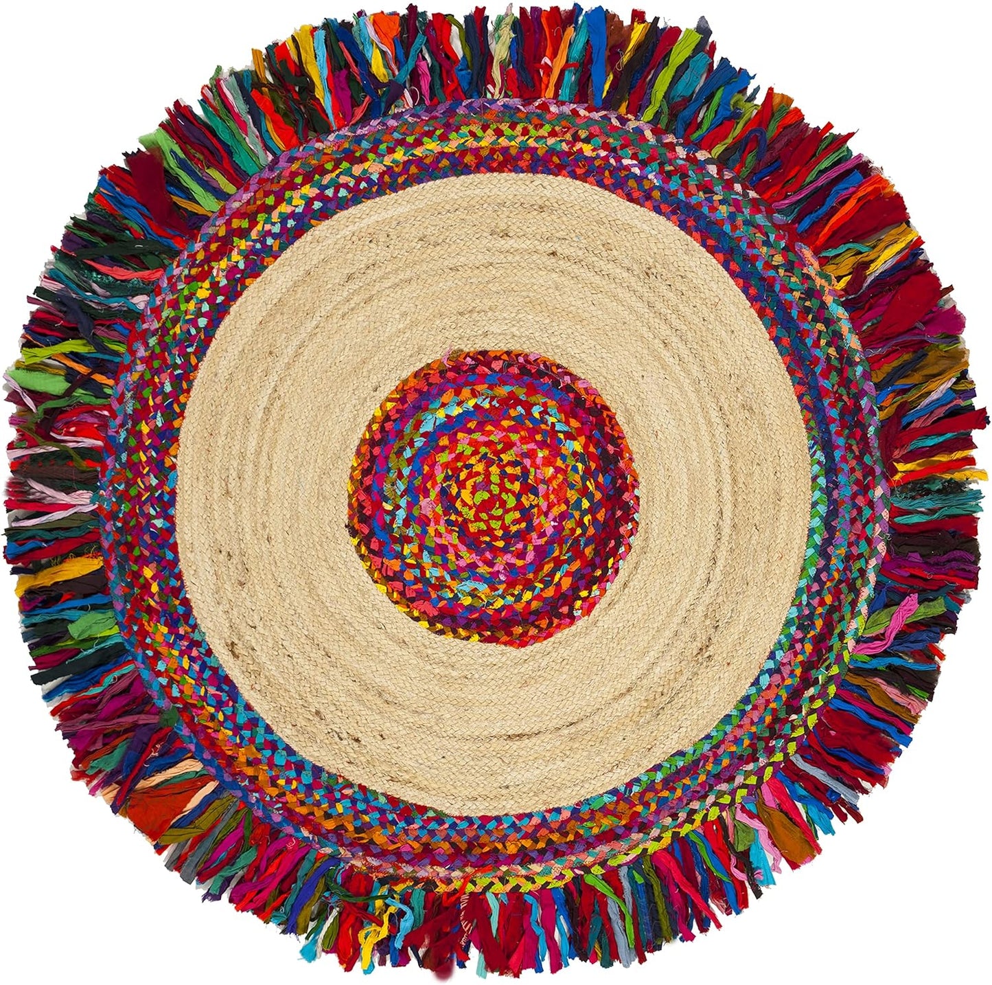 SAFAVIEH Cape Cod Collection Area Rug - 8' Round, Ivory & Denim, Handmade Boho Fringe Jute & Cotton, Ideal for High Traffic Areas in Living Room, Bedroom (CAP205D)