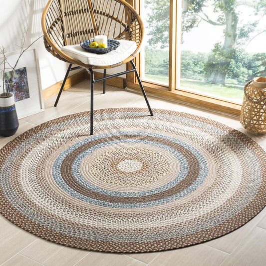 SAFAVIEH Braided Collection Area Rug - 8' Round, Brown & Multi, Handmade Country Cottage Reversible, Ideal for High Traffic Areas in Living Room, Bedroom (BRD313A)