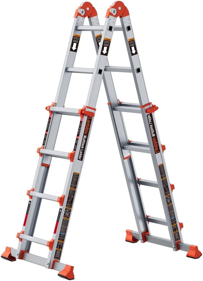 Ladder, A Frame 4 Step Ladder Extension, 14 FT Anti-Slip Multi Position & Storage Folding Ladder, 330 lbs Security Load Telescoping Aluminum Ladders for Stairs Home Indoor Outdoor Roof