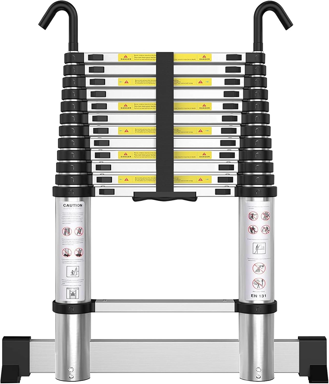 Telescoping Ladder with Hooks 8.5 FT - Aluminum Telescopic Ladder with Stabilizer - Retractable Extension Ladders for Home Loft Roof RV Work with EN131 Certification - 330lbs Max Capacity