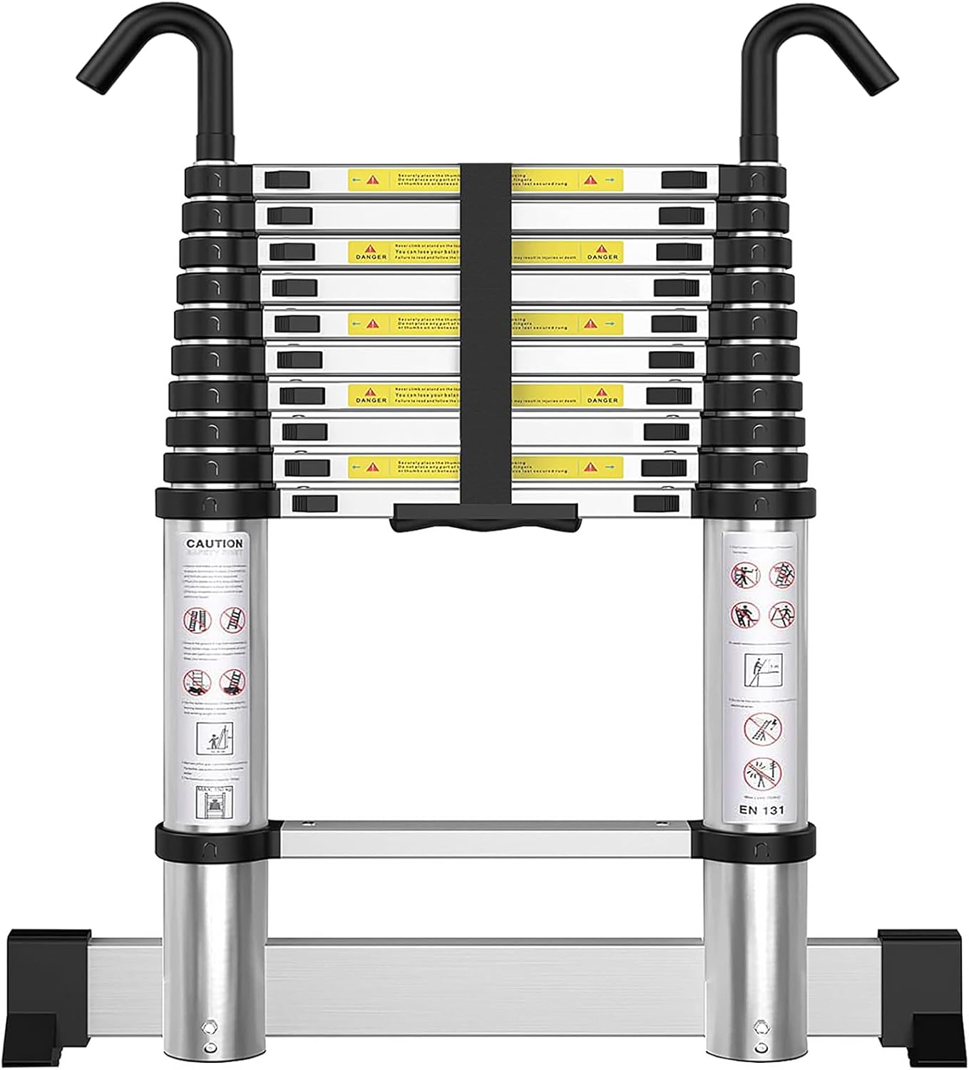 Telescoping Ladder with Hooks 8.5 FT - Aluminum Telescopic Ladder with Stabilizer - Retractable Extension Ladders for Home Loft Roof RV Work with EN131 Certification - 330lbs Max Capacity