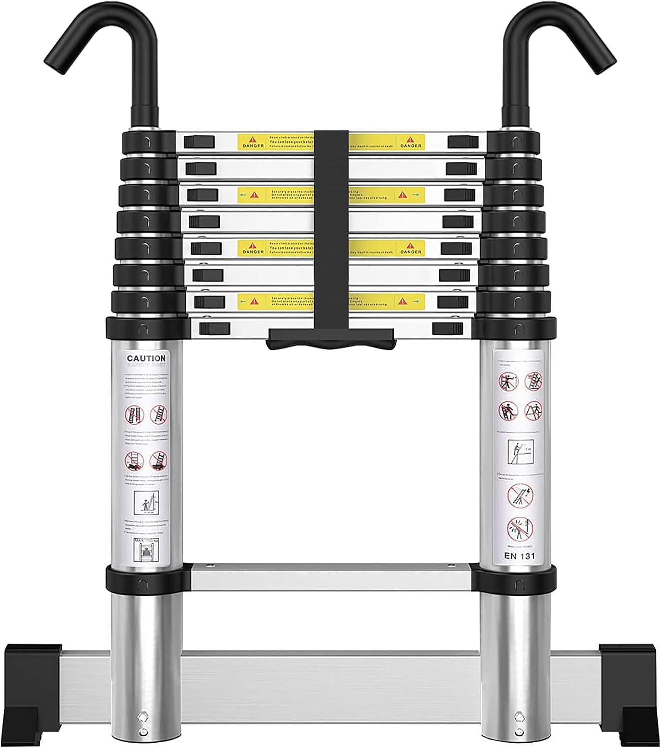 Telescoping Ladder with Hooks 8.5 FT - Aluminum Telescopic Ladder with Stabilizer - Retractable Extension Ladders for Home Loft Roof RV Work with EN131 Certification - 330lbs Max Capacity