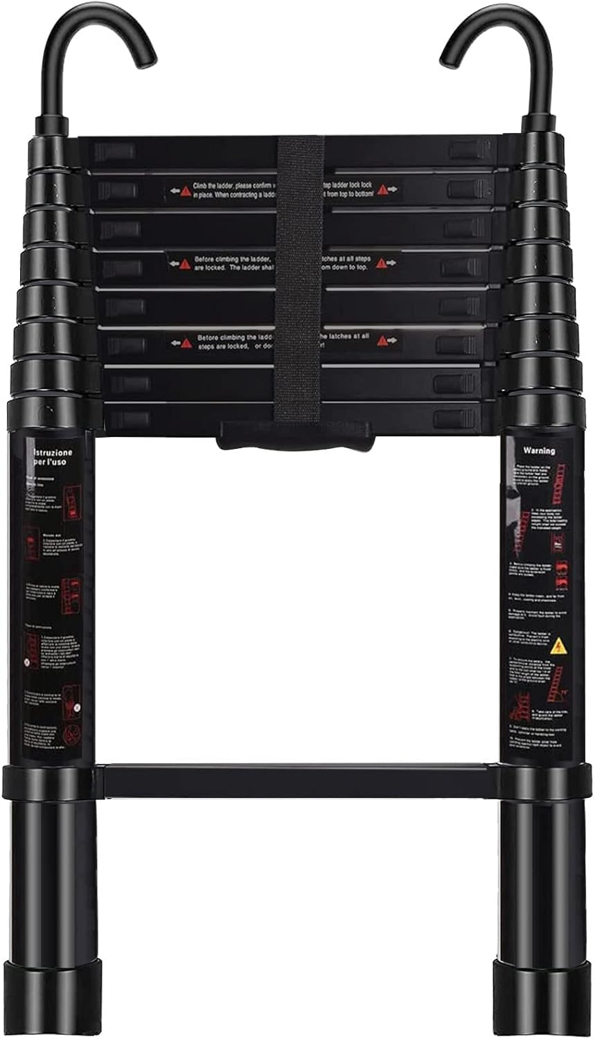 Telescoping Ladder with Hooks 8.5 FT - Aluminum Telescopic Ladder with Stabilizer - Retractable Extension Ladders for Home Loft Roof RV Work with EN131 Certification - 330lbs Max Capacity