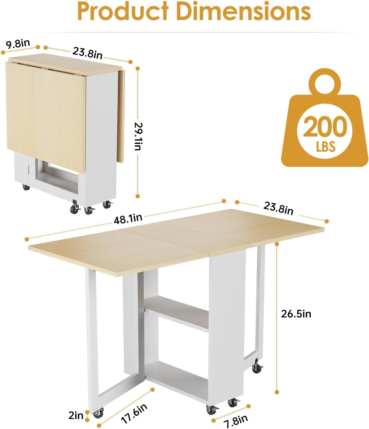 LotFun Folding Dining Table with 2 Storage Racks, Space Saving Dining Table with 6 Wheels, Kitchen Table for Small Spaces (48" x 24" x 30")