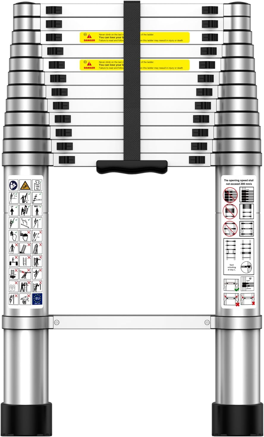 Telescoping Ladder,12.5 FT Extension Ladder, Heavy Duty 330lbs Max Capacity, Multi-Purpose Collapsible Ladder for RV or Outdoor Work Black