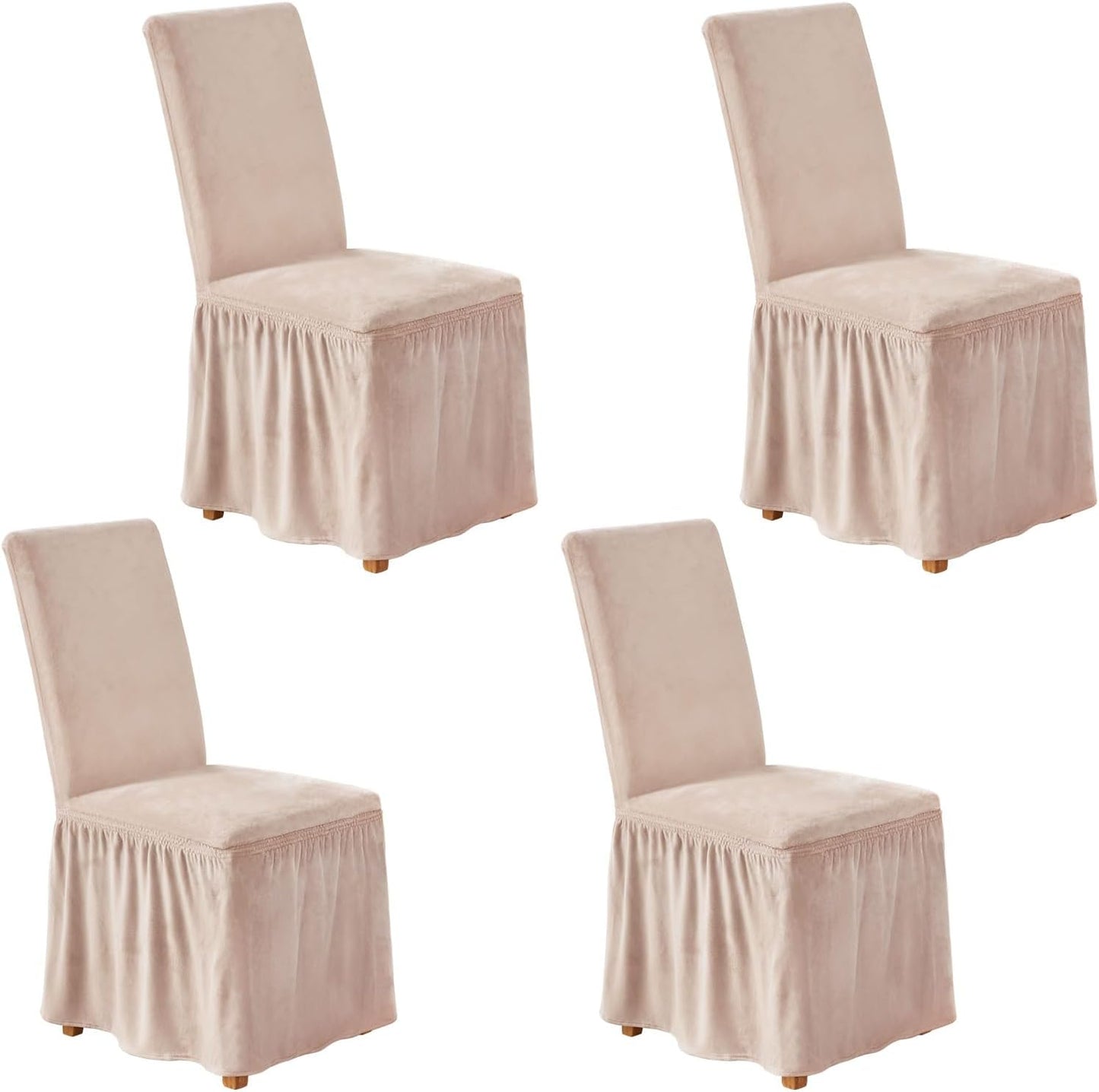 NICEEC Spandex Chair Covers for Dining Chairs Covers Set of 4 Removable Dining Room Chair Covers with Skirt Parson Chair Slipcovers Washable Chair Protector for Kitchen Party Banquet(Beige-Pink)