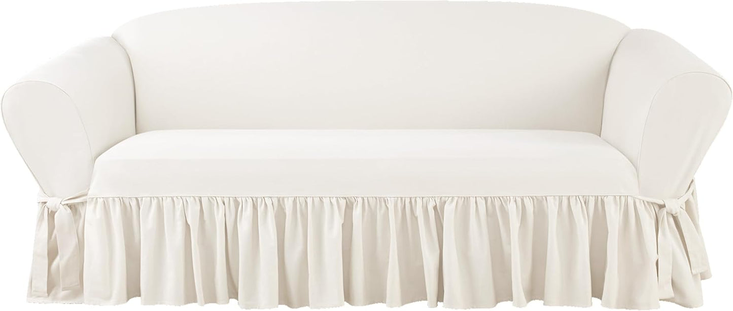 SureFit Essential Twill Ruffled Long Dining Chair Slipcover, Dining Chair Cover with Cotton Solid Design, Long Ruffled Skirt and Corner Pleats, Machine Washable, White