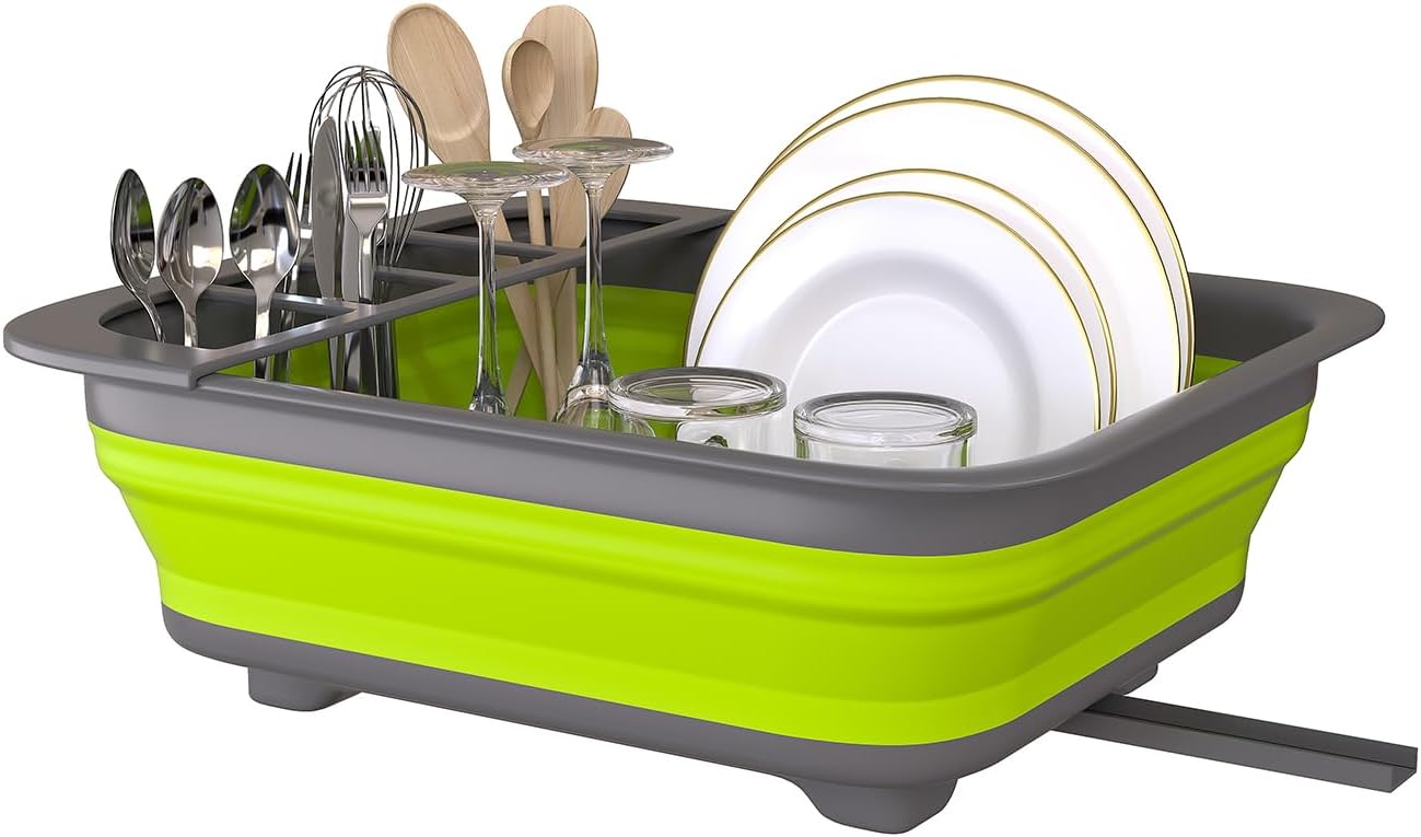 Collapsible Dish Drying Rack Portable Dinnerware Drainer Organizer for Kitchen RV Campers Travel Trailer Space Saving Kitchen Storage Tray