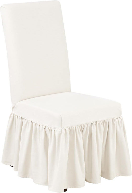 SureFit Essential Twill Ruffled Long Dining Chair Slipcover, Dining Chair Cover with Cotton Solid Design, Long Ruffled Skirt and Corner Pleats, Machine Washable, White