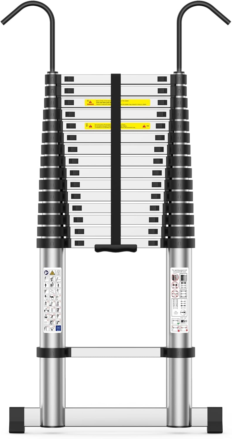 Telescoping Ladder,12.5 FT Extension Ladder, Heavy Duty 330lbs Max Capacity, Multi-Purpose Collapsible Ladder for RV or Outdoor Work Black