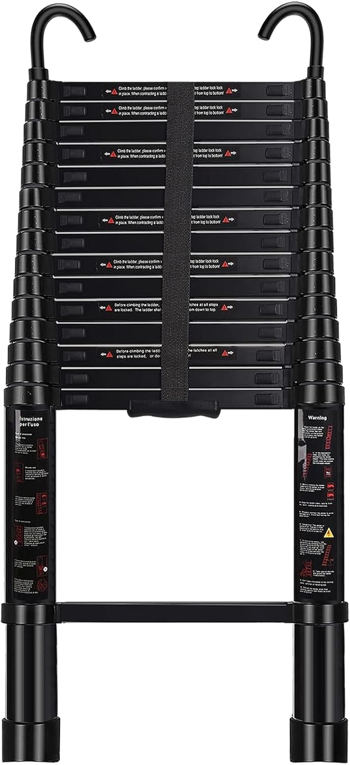 Telescoping Ladder with Hooks 8.5 FT - Aluminum Telescopic Ladder with Stabilizer - Retractable Extension Ladders for Home Loft Roof RV Work with EN131 Certification - 330lbs Max Capacity