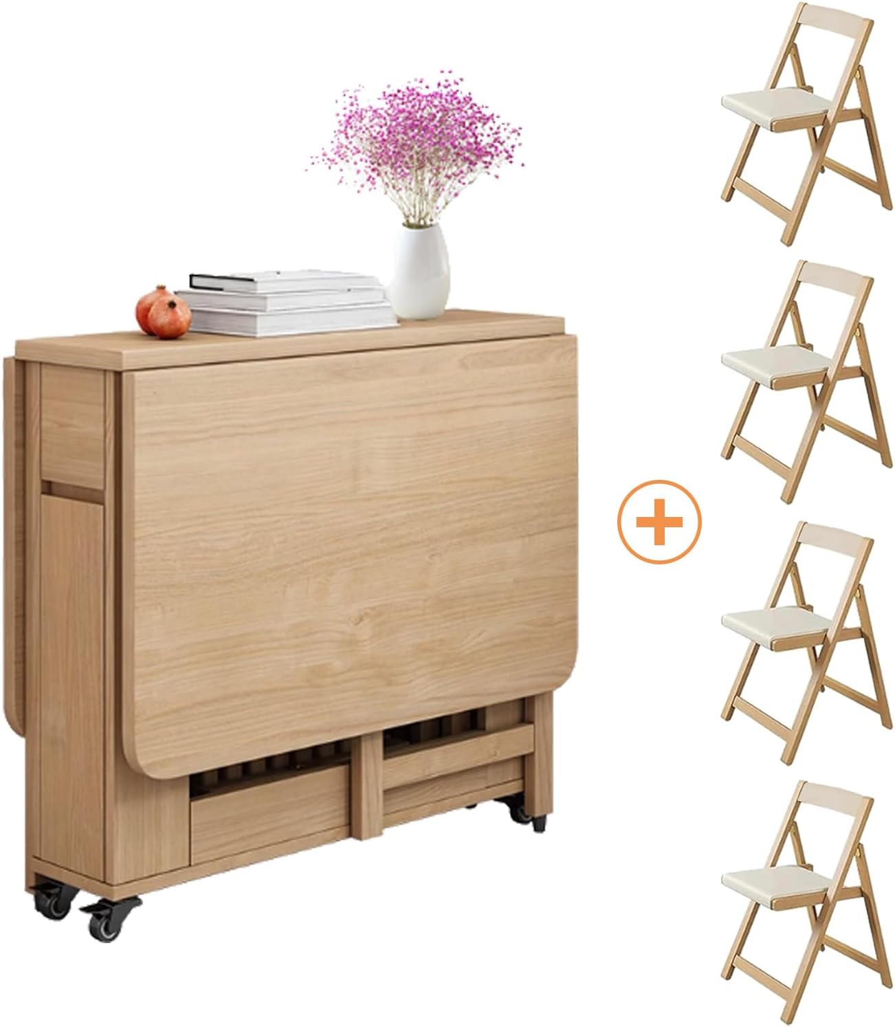 Folding Dining Table Set, Saving Space Extendable Drop Leaf Table, Movable Solid Wood Dinette Table with 4 Chairs and Wheels for Kitchen, Dining and Living Room, 1.5m, Walnut