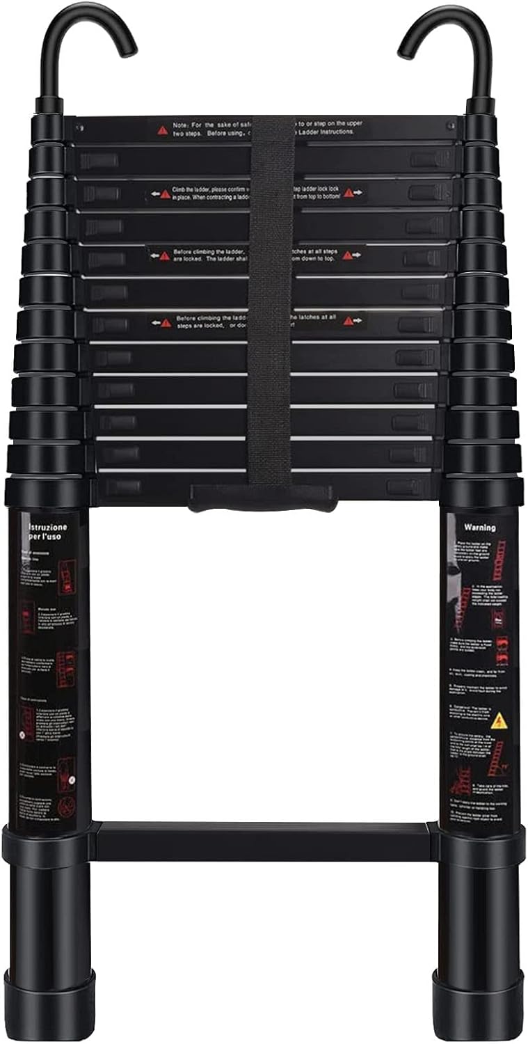 Telescoping Ladder with Hooks 8.5 FT - Aluminum Telescopic Ladder with Stabilizer - Retractable Extension Ladders for Home Loft Roof RV Work with EN131 Certification - 330lbs Max Capacity