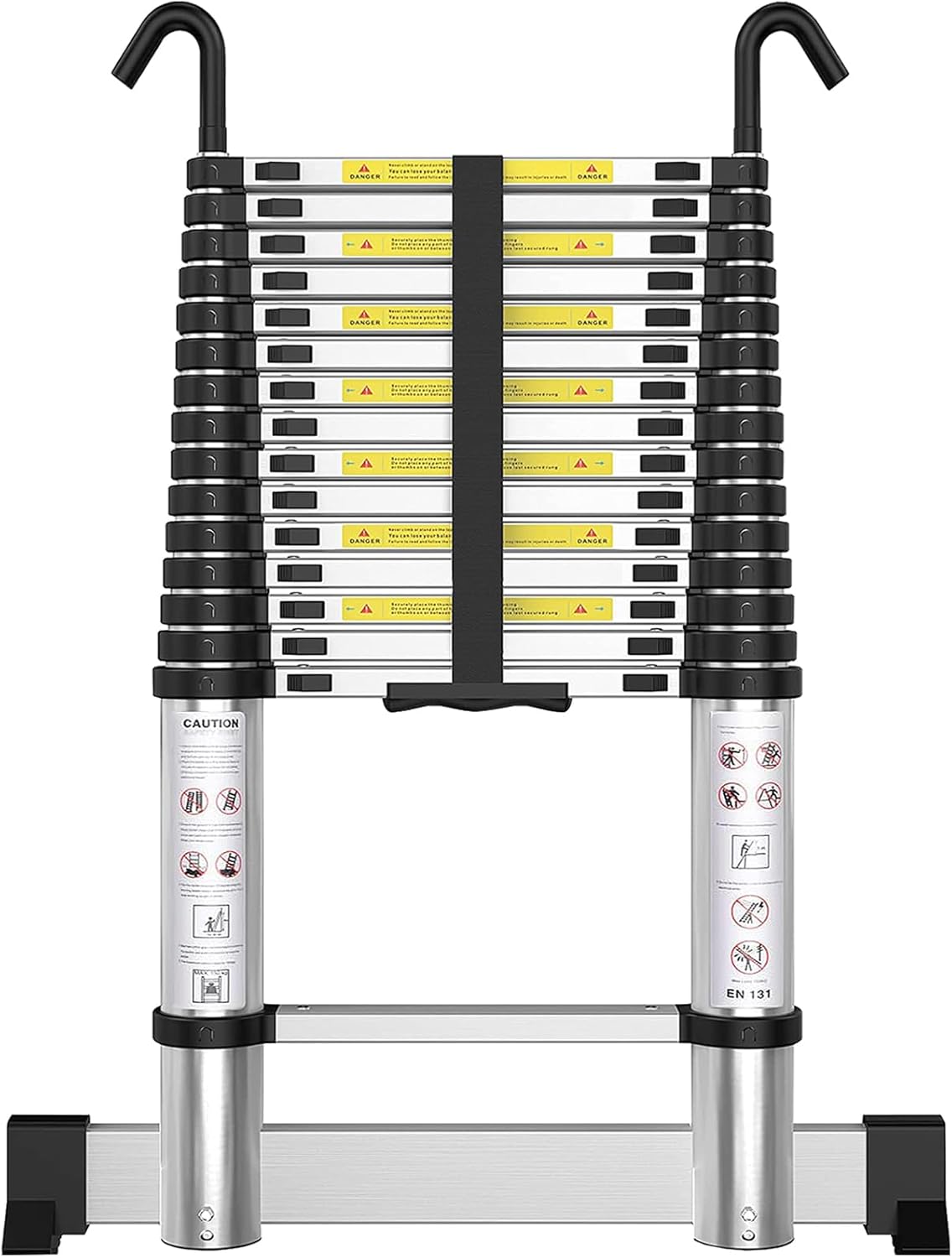 Telescoping Ladder with Hooks 8.5 FT - Aluminum Telescopic Ladder with Stabilizer - Retractable Extension Ladders for Home Loft Roof RV Work with EN131 Certification - 330lbs Max Capacity