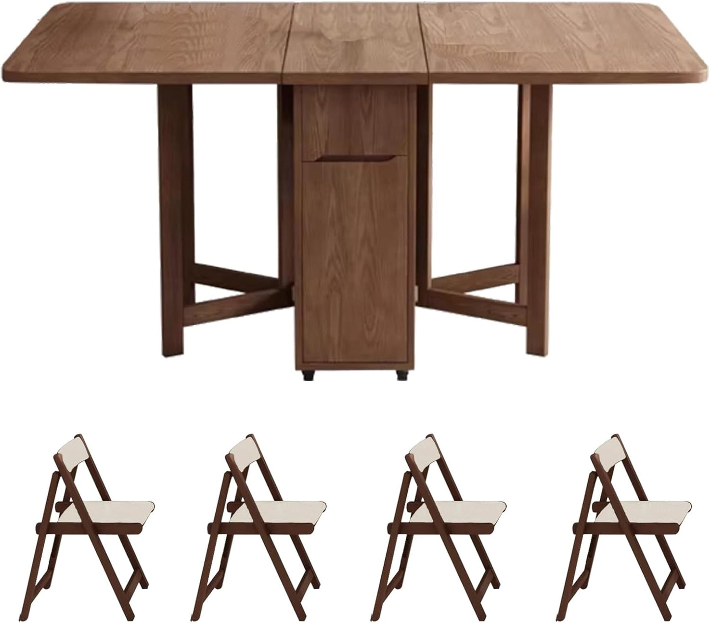 Folding Dining Table Set, Saving Space Extendable Drop Leaf Table, Movable Solid Wood Dinette Table with 4 Chairs and Wheels for Kitchen, Dining and Living Room, 1.5m, Walnut
