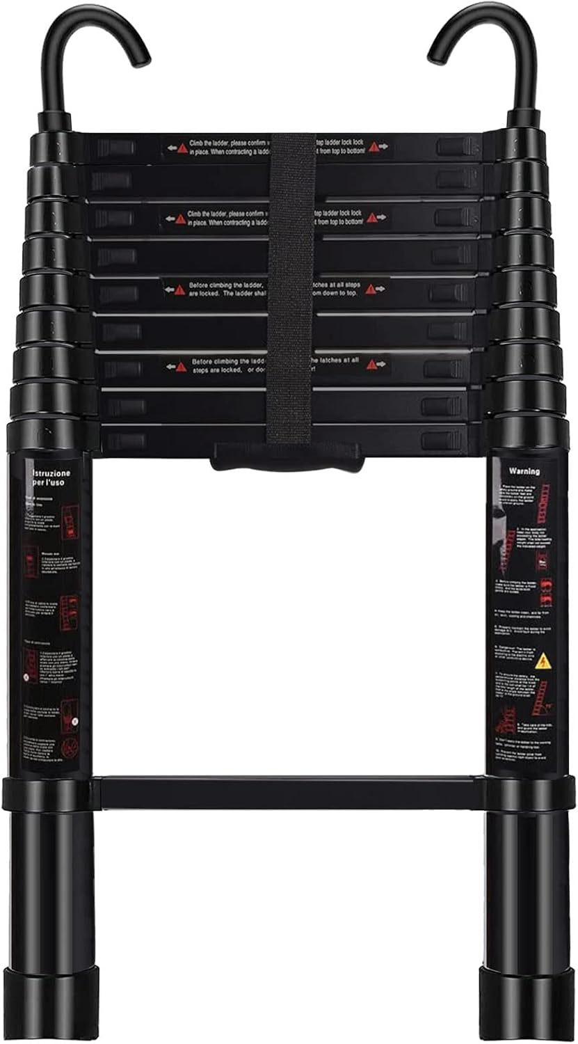 Telescoping Ladder with Hooks 8.5 FT - Aluminum Telescopic Ladder with Stabilizer - Retractable Extension Ladders for Home Loft Roof RV Work with EN131 Certification - 330lbs Max Capacity