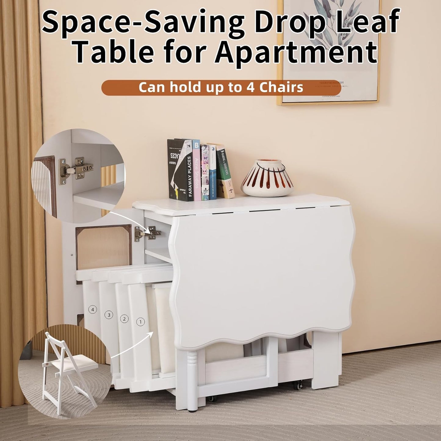 Drop Leaf Tables for Small Spaces,54.3'' x 30.7'' Space Saving Folding Dining Table 4 Wheels with 1 Drawer and 1 Shelf, White Extendable Dining Room Table, Expandable Table for Kitchen