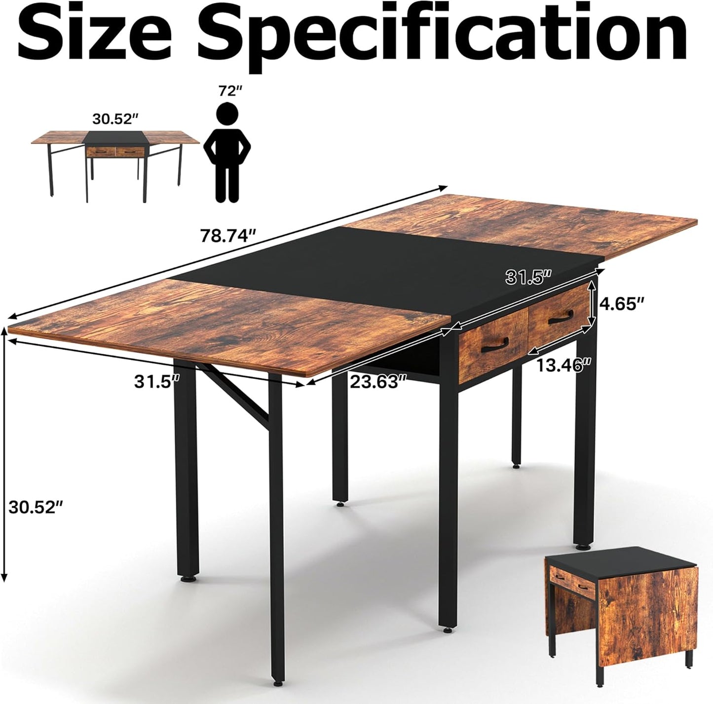 Folding Dining Table,Dining Room Table with Drawers,Industrial Extendable Table for 6-8 People,for Dining Room,Living Room,Restaurant,Saving Space