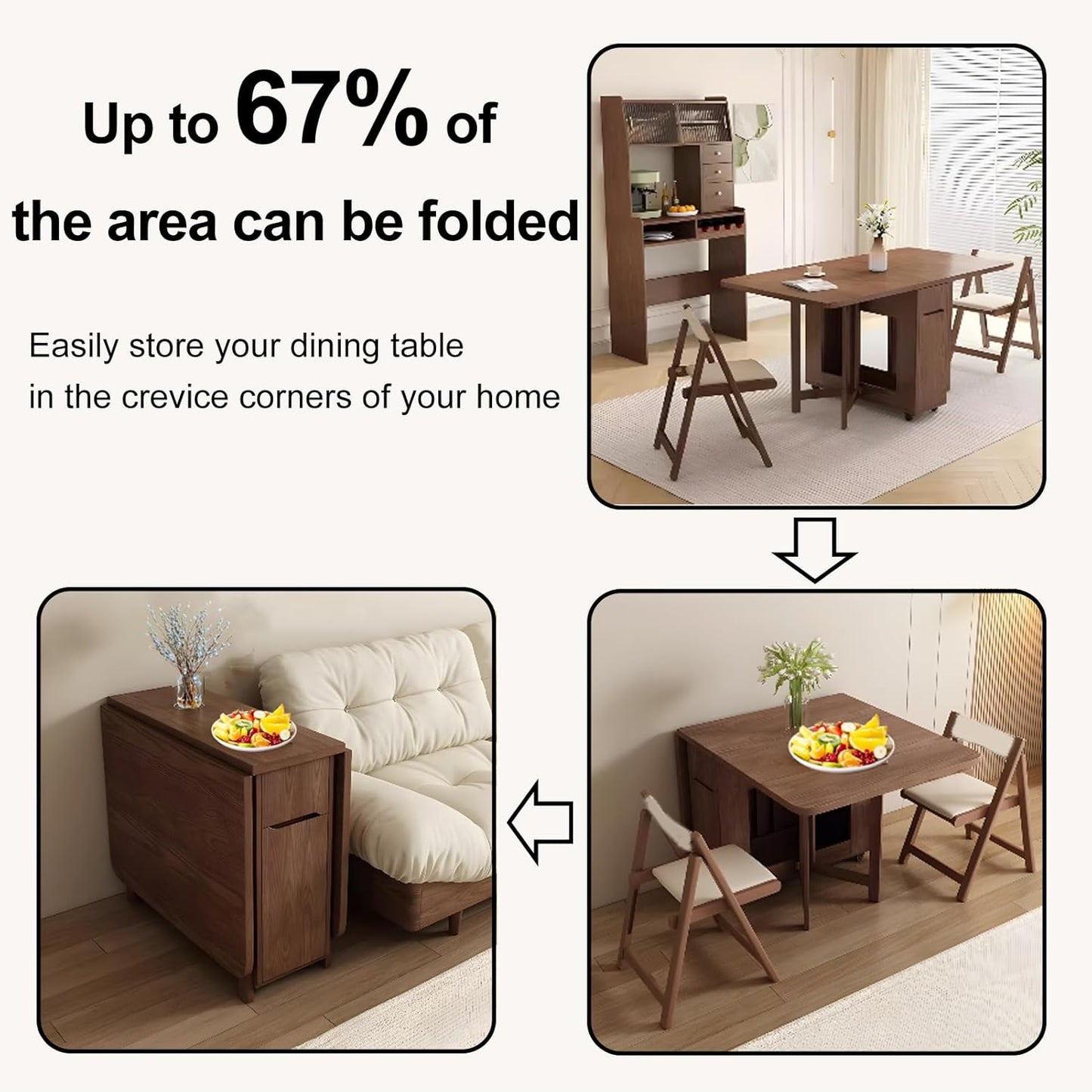 Folding Dining Table Set, Saving Space Extendable Drop Leaf Table, Movable Solid Wood Dinette Table with 4 Chairs and Wheels for Kitchen, Dining and Living Room, 1.5m, Walnut
