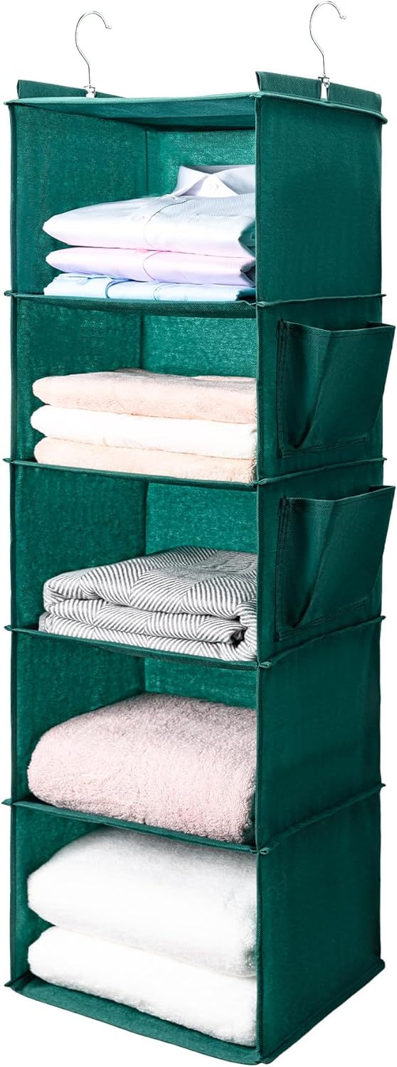 BOOMIBOO Hanging Closet Organize and Shelves，5-Hanging Shelf with 2 Side Pockets，Storage Foldable （Grey）