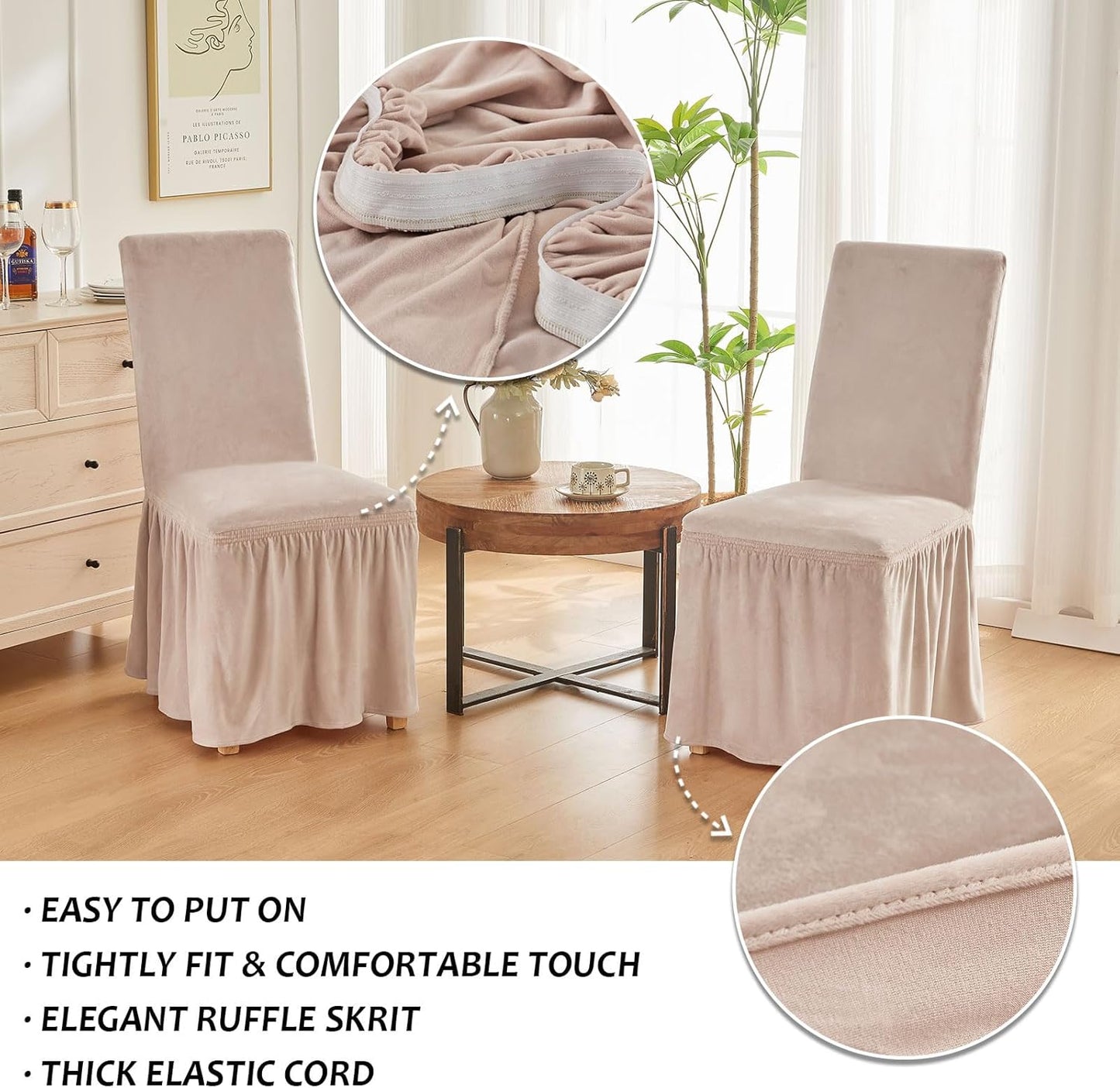 NICEEC Spandex Chair Covers for Dining Chairs Covers Set of 4 Removable Dining Room Chair Covers with Skirt Parson Chair Slipcovers Washable Chair Protector for Kitchen Party Banquet(Beige-Pink)