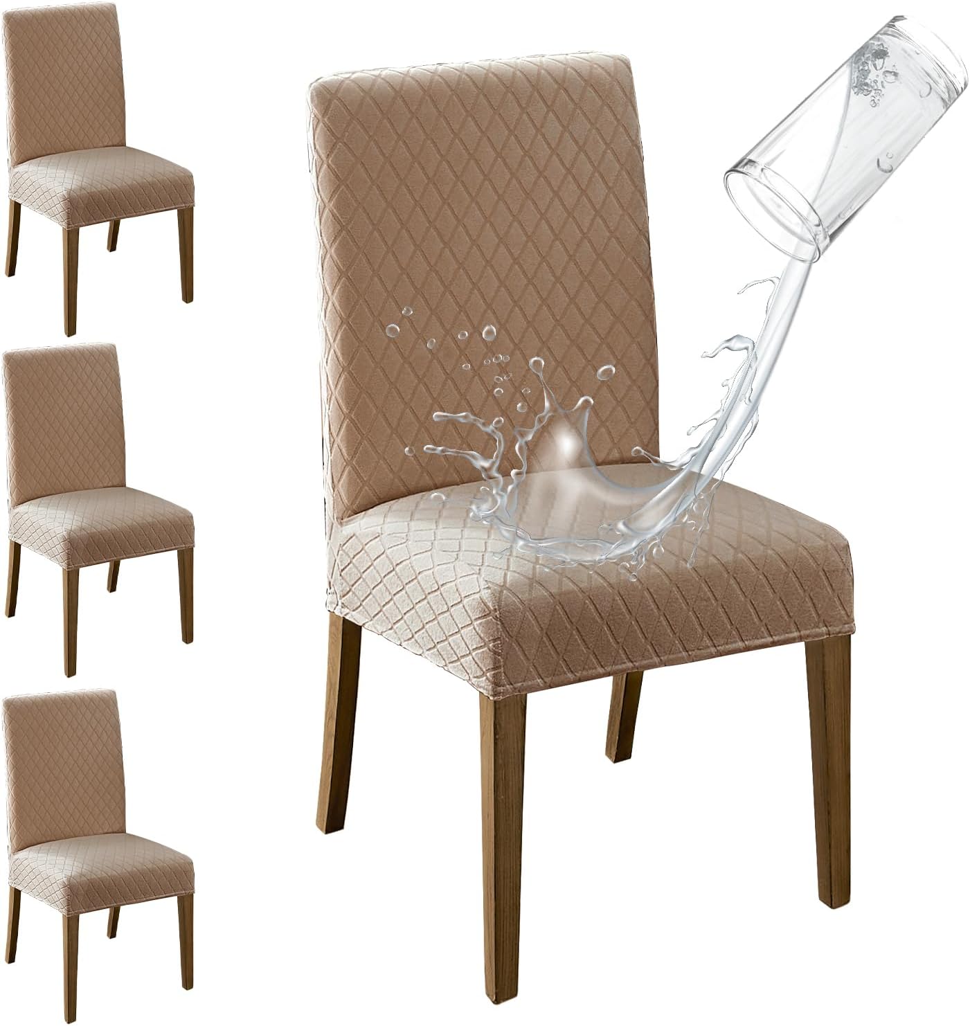 MOSAYT 100% Waterproof Dining Room Chair Covers Set of 6, Super Fit Stretch Jacquard Parson Chairs Slipcovers Removable Washable Chair Seat Protectors for Home, Kitchen, Banquet (Beige)