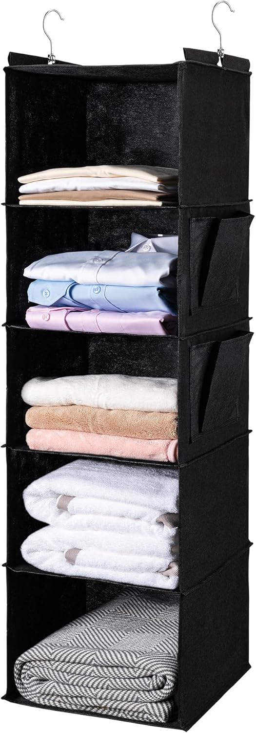 BOOMIBOO Hanging Closet Organize and Shelves，5-Hanging Shelf with 2 Side Pockets，Storage Foldable （Grey）