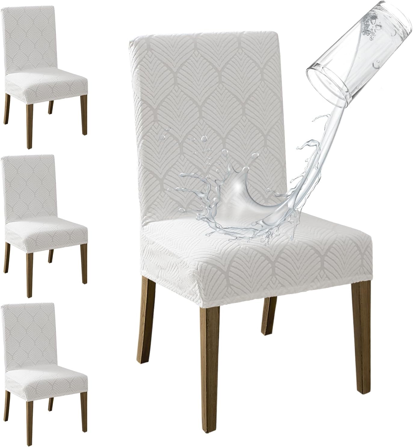 MOSAYT 100% Waterproof Dining Room Chair Covers Set of 6, Super Fit Stretch Jacquard Parson Chairs Slipcovers Removable Washable Chair Seat Protectors for Home, Kitchen, Banquet (Beige)