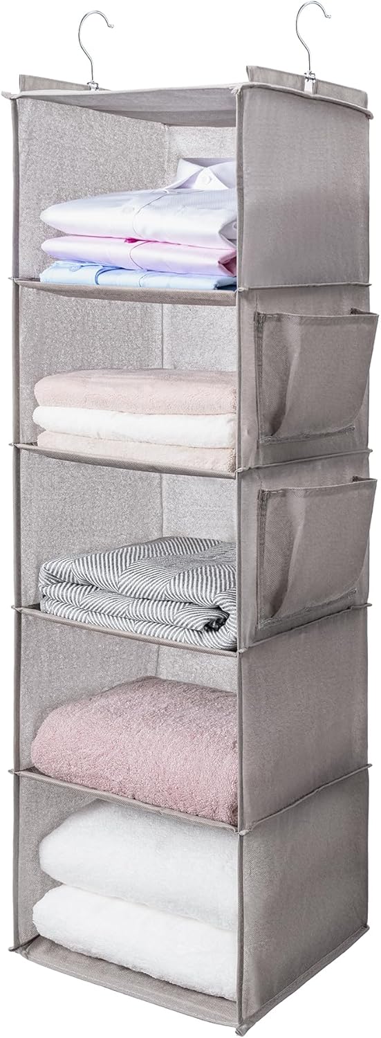 BOOMIBOO Hanging Closet Organize and Shelves，5-Hanging Shelf with 2 Side Pockets，Storage Foldable （Grey）