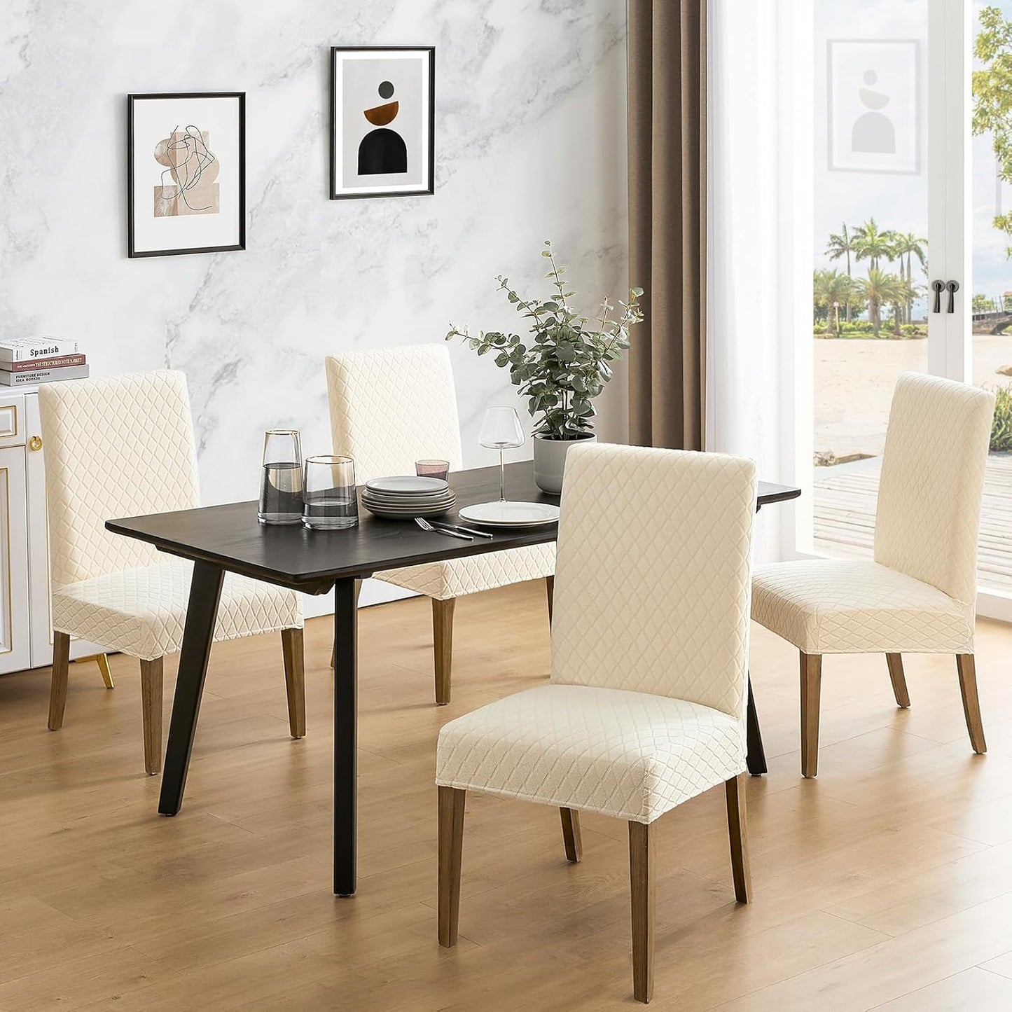 MOSAYT 100% Waterproof Dining Room Chair Covers Set of 6, Super Fit Stretch Jacquard Parson Chairs Slipcovers Removable Washable Chair Seat Protectors for Home, Kitchen, Banquet (Beige)