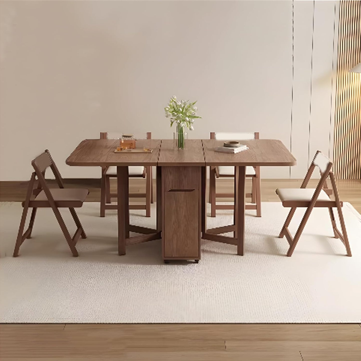 Folding Dining Table Set, Saving Space Extendable Drop Leaf Table, Movable Solid Wood Dinette Table with 4 Chairs and Wheels for Kitchen, Dining and Living Room, 1.5m, Walnut