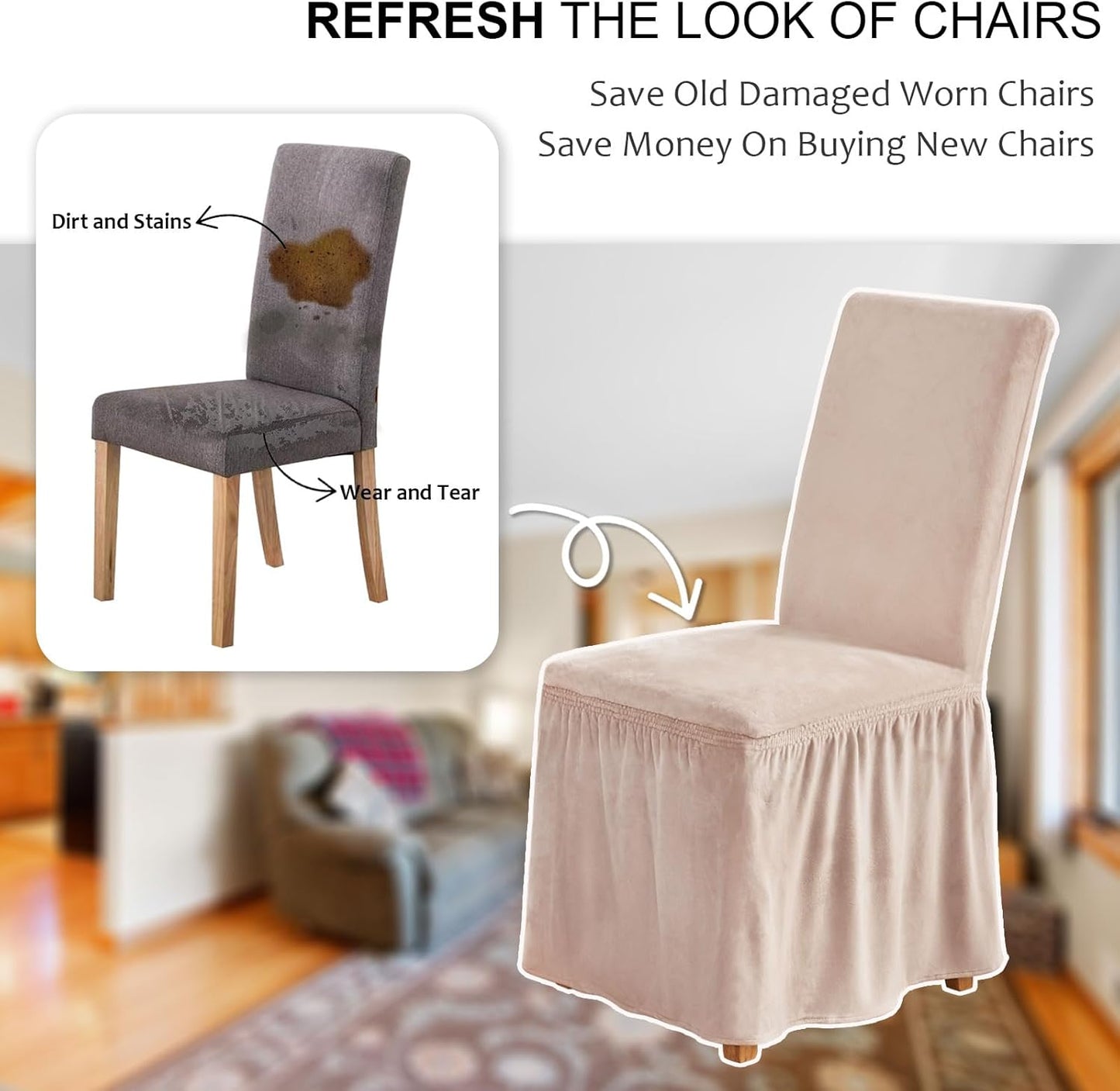 NICEEC Spandex Chair Covers for Dining Chairs Covers Set of 4 Removable Dining Room Chair Covers with Skirt Parson Chair Slipcovers Washable Chair Protector for Kitchen Party Banquet(Beige-Pink)