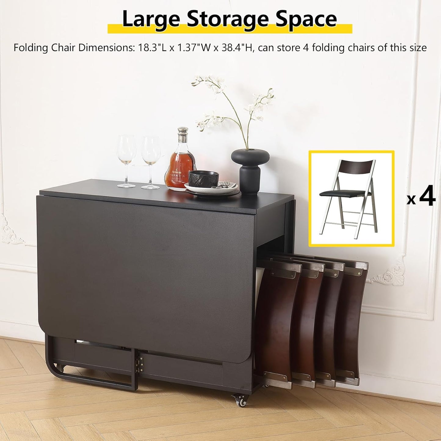 Folding Dining Room Table for 4/6 with 35.4" Extra Wide Space Saving Drop Leaf Table with Lockable Wheels & Storage, Heavy Duty Eco Solid Wood Top 300lb, Convertible Desk for Apartments/RV/Home Office