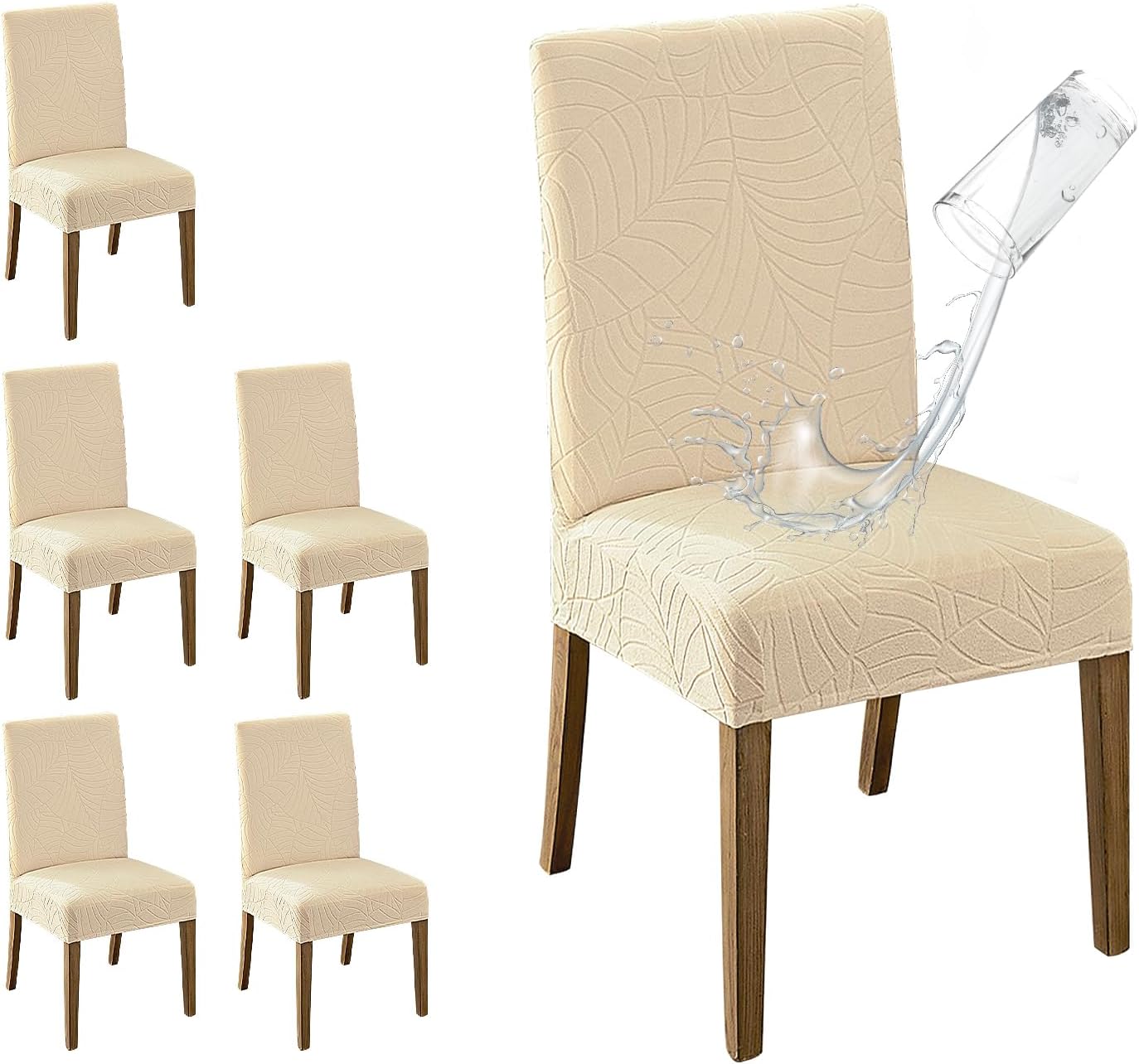 MOSAYT 100% Waterproof Dining Room Chair Covers Set of 6, Super Fit Stretch Jacquard Parson Chairs Slipcovers Removable Washable Chair Seat Protectors for Home, Kitchen, Banquet (Beige)