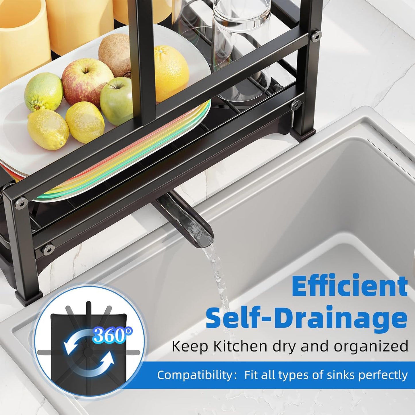 Simple Trending Kitchen Dish Drying Rack, 2-Tier Dish Rack with Drainboard, Stainless Steel Dish Drainer Organizer, Black