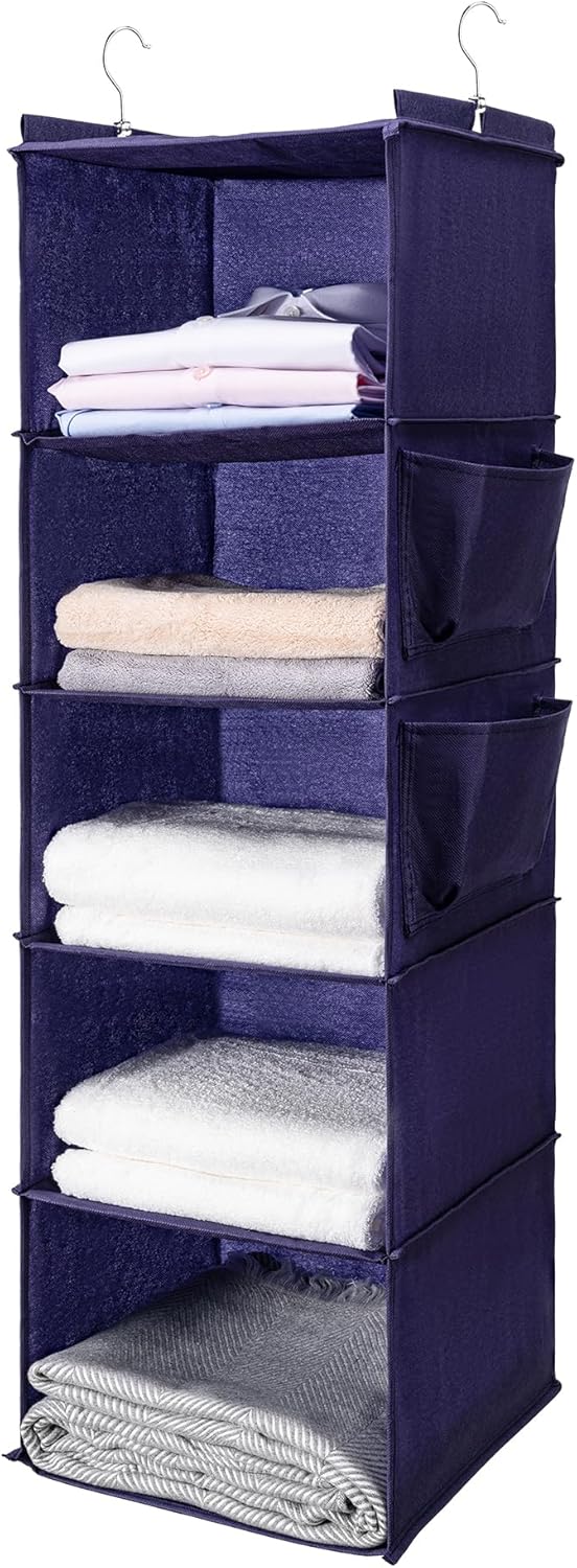 BOOMIBOO Hanging Closet Organize and Shelves，5-Hanging Shelf with 2 Side Pockets，Storage Foldable （Grey）