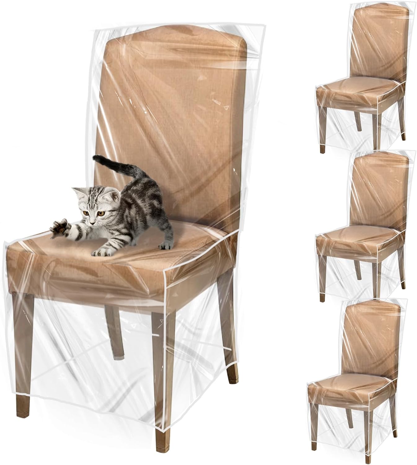 PAMASE 4 Pack Plastic Dining Chair Protectors with Backrests - Waterproof Thickened PVC Seat Covers Removable Washable Slipcover Keeping Chair Away from Water Dust Pet Hair Paws Claws