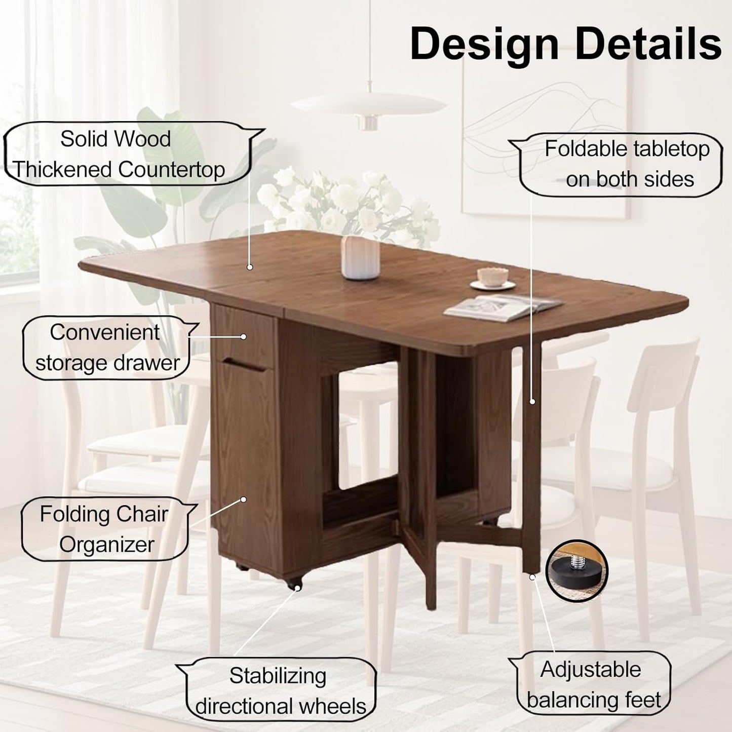 Folding Dining Table Set, Saving Space Extendable Drop Leaf Table, Movable Solid Wood Dinette Table with 4 Chairs and Wheels for Kitchen, Dining and Living Room, 1.5m, Walnut