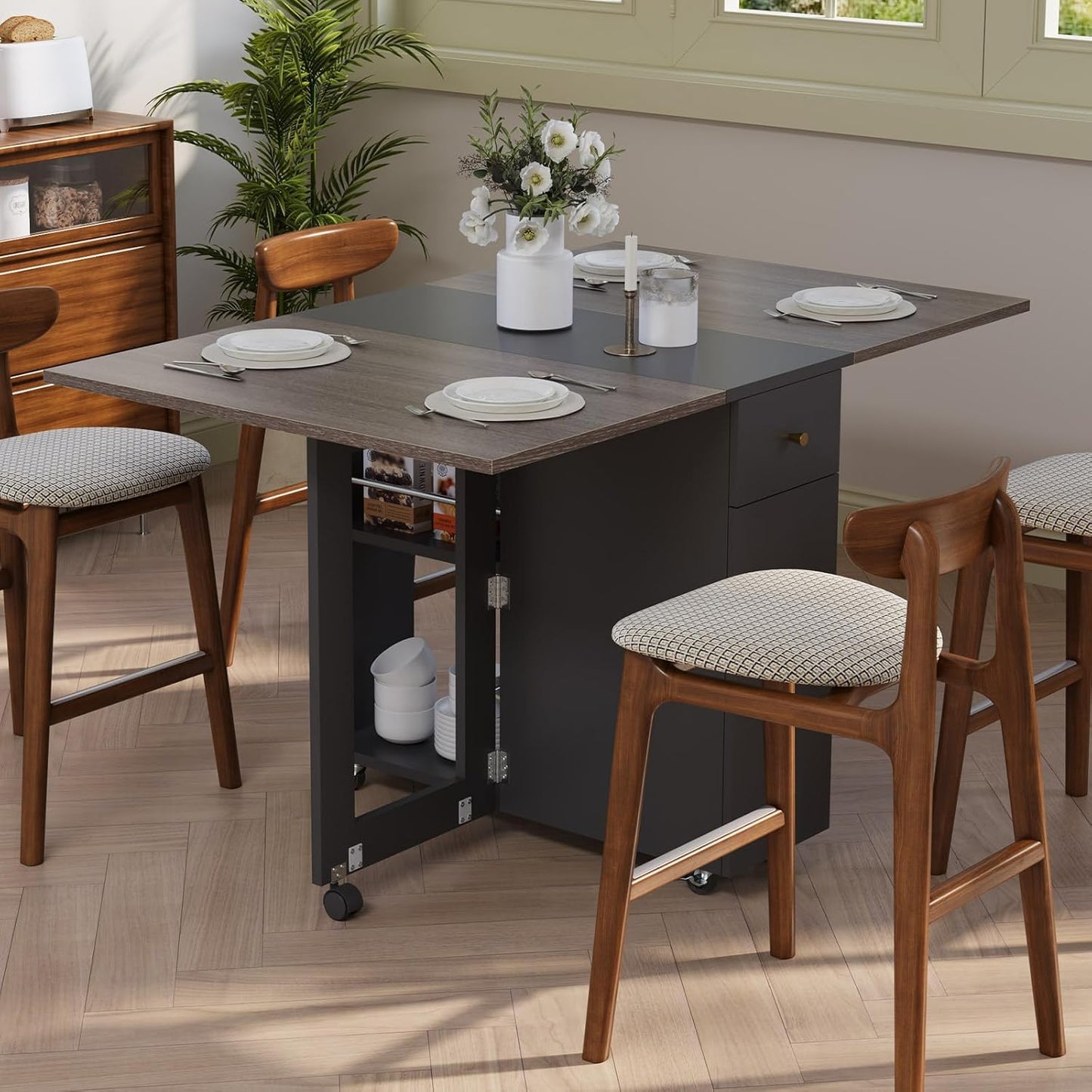 LotFun Folding Dining Table with 2 Storage Racks, Space Saving Dining Table with 6 Wheels, Kitchen Table for Small Spaces (48" x 24" x 30")