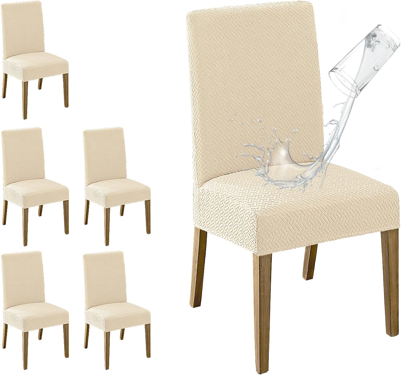MOSAYT 100% Waterproof Dining Room Chair Covers Set of 6, Super Fit Stretch Jacquard Parson Chairs Slipcovers Removable Washable Chair Seat Protectors for Home, Kitchen, Banquet (Beige)