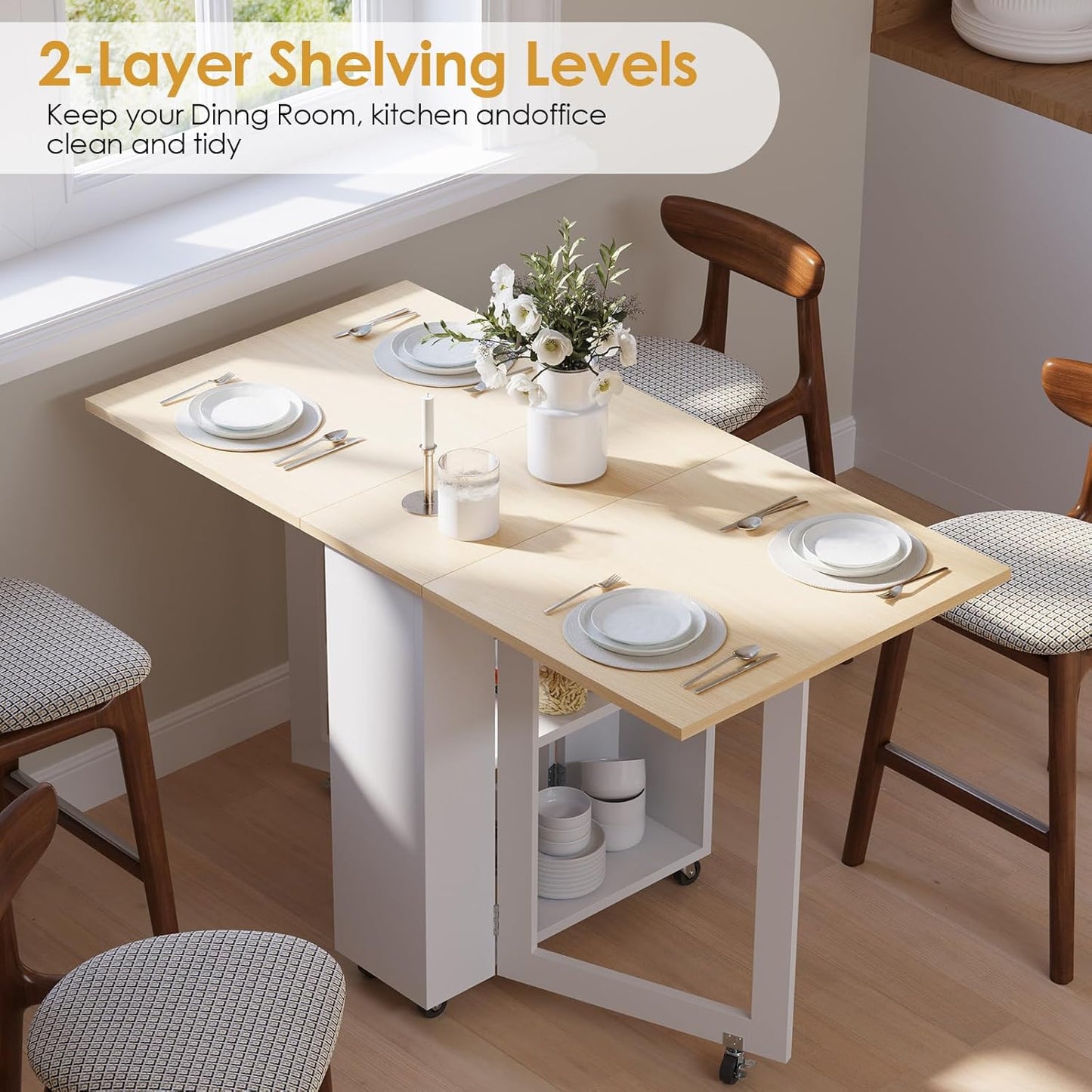 LotFun Folding Dining Table with 2 Storage Racks, Space Saving Dining Table with 6 Wheels, Kitchen Table for Small Spaces (48" x 24" x 30")