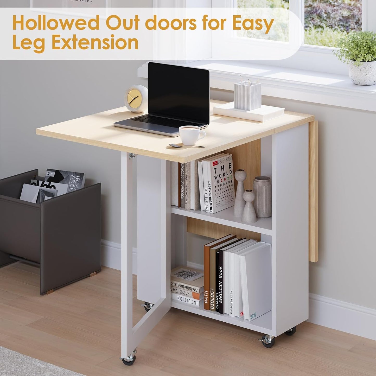 LotFun Folding Dining Table with 2 Storage Racks, Space Saving Dining Table with 6 Wheels, Kitchen Table for Small Spaces (48" x 24" x 30")